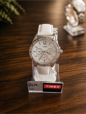 Timex White Strap Watch with Pink and Clear Crystal Bezel